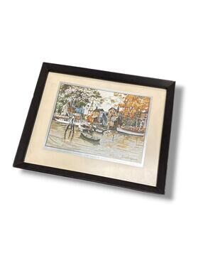 Framed Metallic "Old Red Bank" Boat Scene Print